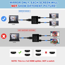 avedio links avedio links HDMI Splitter 1 in 2 Out [with 4 Feet HDMI Cable] Mirror Only, Not for Extend Mode, 4K 1x2 HDMI Splitter 1 to 2 for 3D 1080P@60Hz, Copy 1 Source to 2 HDMI Displays at The Same Time