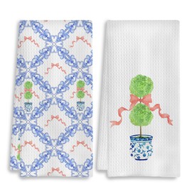 COWEB Chinoiserie Christmas Kitchen Towels Set of 2, Coquette Pink Bow Christmas Tree Hand Towels for Bathroom, Preppy Christmas Decor Dish Towels Tea Towels, Grandmillennial Home Decor, 16x24 Inch