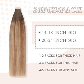Tape in Hair Extensions Human Hair Chestnut Brown to Light Brown Mixed Light Blonde Remy Hair Extensions 20pcs 14 Inch Straight Invisible Human Hair Tape in Extensions Skin Weft (2/6/18K#,14 Inch)