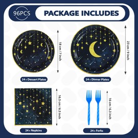 Grencian Gold Star Moon Party Supplies - 96Pcs Moon and Stars Party Supplies Plates and Napkins Navy Blue Celestial Hanging Crescent Disposable Tableware for Celestial Birthday Decorations Serve 24