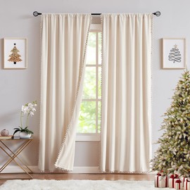 Pom-Pom Cream Velvet Curtains for Living Room 63inch Length Luxury Heavy Ivory Window Drapery for Bedroom Kids Children Room Rod Pocket 42" w x 2Panels