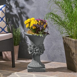 Christopher Knight Home Jorine Light Concrete Planter, Patio Planter, Mid-Centry Gadern Urn, Large Garden Pot, Floral Relif Design, Flower Urn with Drainage Hole for Backyard Home, Antique Gray