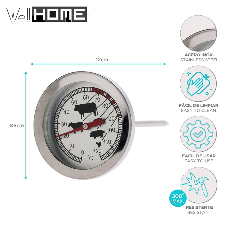 Well Home Meat Thermometer for Grill, Stainless Steel, Diameter 5.4