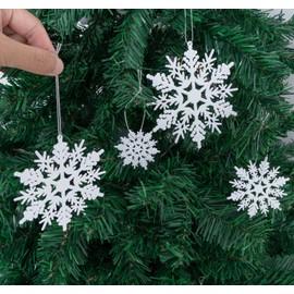 Anstore 56 Pcs Glitter Snowflake Hanging Ornaments White Snowflake Ornaments Plastic Snowflake Xmas Decoration Christmas Tree Pendants Window Door Decoration, Assorted Sizes 2/3/4/5 Inch