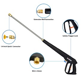 BESHED Durable Pressure Washer Gun Kit, Power Washer Gun with Replacement Extension Wand, M22 Fitting, 5 Spray Nozzle Tips, 37 Inch, 3000 PSI