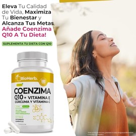 BioHerb® | Coenzima Q10 (CoQ10) 100 mg por Porción [Potenciada con: Vitamina E, C y Curcuma] 180 Capsulas de 500mg Mejora Rendimiento | Calidad Suprem