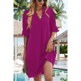 QACOHU Summer Dresses for Women 2025 V Neck Ruffle Short Sleeves Shift Dress Rosy S