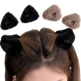 4pcs Cute Plush Cat Ear Hair Clips - Winter Cat Ear Claw Clips Soft Non-Slip Small Bangs Claw Clips, Black Brown Plush Cat Ear Broken Mini Hair Clips Winter Hair Accessories for Women Decoration