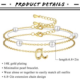 Dochais Initial Bracelet for Ladies - 14K Gold Plated Letters Bracelets, Waterproof Pearl Letter Bracelet Set Jewellery Gift for Women Girls