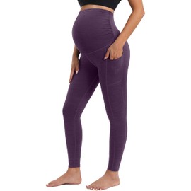 IUGA Maternity Leggings Over The Belly Buttery Soft Maternity Yoga Pants with Pockets Pregnancy Leggings for Women Activewear Purple