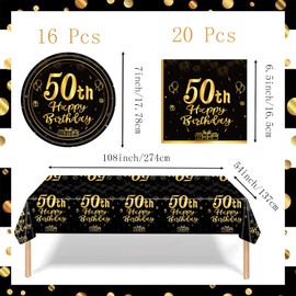Black Gold 50th Birthday Party Tableware Set, Disposable Plates 7 Inch Napkins Plastic Rectangular Tablecloth, 37 Pieces Black Gold Party Tableware Set for Men Women 50th Birthday Party Decorations