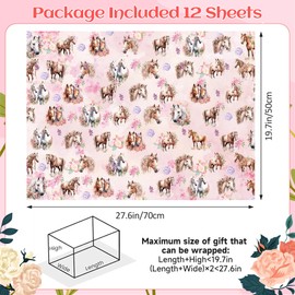 Pineraap 12 Sheets Horse Floral Wrapping Paper, Cowgirl Gift Wrap Paper, Roses Themed Western Derby Wrapping Paper for Birthday, Party, Holiday, Graduation Gift, 27.6 x 19.7 Inches Per Sheet
