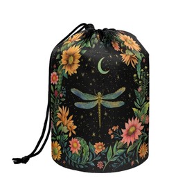 chaqlin Moon Dragonfly Floral Travel Cosmetic Bags Barrel Makeup Bag,Women Girls Portable Foldable Cases Multifunctional Toiletry Bucket Bags Round Organizer Storage Pocket