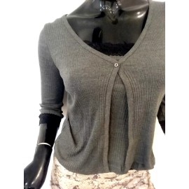 zoey beth Women Gray Shirt Top With Cardigan 3/4 Sleeves Gray and Black Lace Size XL