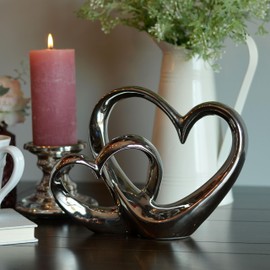 WHW Whole House Worlds Eternity Double Heart Sculpture, Decorative Modern Art, Silver Glazed Stoneware, 10 1/4 Inches