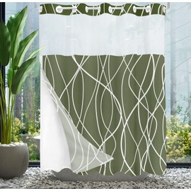 Tititex No Hooks Snap in Liner Abstract Curve Lines Olive Green White Shower Curtain, Hotel Luxury Double Layers No Hooks Waterproof Fabric & See-Through Top Window Bathroom Decorative 71x71 Inch