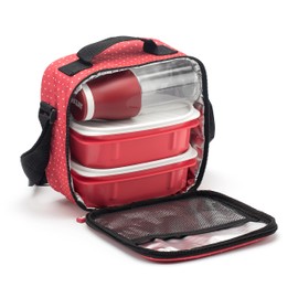 TATAY Small Cool Bag 3L Capacity with 2 Airtight Food Storage Containers (2 x 0.5L) and a Reusable Airtight 400ml Water Bottle, Red with Polka Dots. Dimensions: 22.5 x 10 x 22 cm