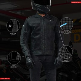 WD Miami Mesh Summer Motorcycle Jacket Adventure Riding Lightweight mesh motorcycle jacket for men Reflective Panels CE Armored (Black-Medium))