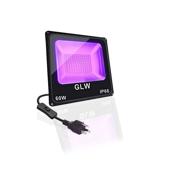 GLW Blacklight, LED 60W Black Light Flood Light IP66-Waterproof (with Plug), Black Lights for Glow Party, Stage Lighting, Glow in The Dark, Fluorescent Poster, Body Paint, Curing