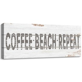 Retro Coffee Beach Repeat Sign Shabby Chic Coastal Bar Decor Inspirational Words Prints on Wood Grain Canvas Country Seaside Coffee Shop Pub Store Decoration Summer Beach House Supplies 6x17inch