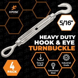 Xpose Safety 5/16" Hook and Eye Turnbuckle - Heavy Duty Galvanized Steel Turn Buckles - Turn Buckle Tensioner for Cables, Tension Wire, Rope, Shade - Adjustable Turnbuckle Hook and Eye 4 Pack