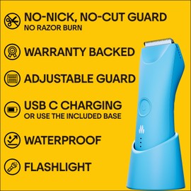 MERIDIAN Trimmer Plus Body Hair Manscaping Trimmer, Adjustable Guard, USB C Charging, Flash Light, Travel Lock, Charging Dock, Bikini Trimmer, Mens Body Hair Trimmer - Sky