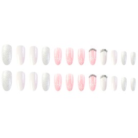 Christmas Press on Nails Almond White Snowflake with Rhinestone Design Fake Pink Nails Winter Glitter Acrylic Nails 24Pcs