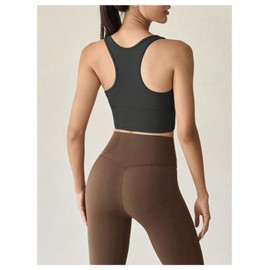 OYOANGLE High Neck Sports Bra for Women Longline Yoga Tank Tops Wirefree Padded High Impact Womens Bras Black Medium