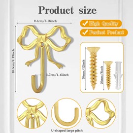 XHIPY 4 PCS Large Size Gold Bow Wall Hook, Gold Coat Hook, Metal Hooks, Bow Room Decor Hooks for Coats, Coffee Mugs, Hats, Bags, Bath Towels and Room Decorations