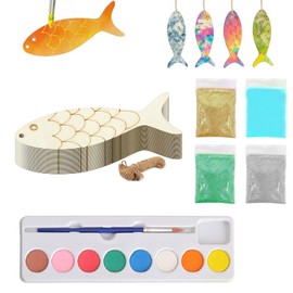Fish Template Wood Cutouts Unfinished Wooden Ornaments Wooden Ornaments for Crafts DIY Blank Wooden Tags, 30 Pieces, 30 Twine Strings, 8-Color Paint Set & 4 Glitter Powder Set, Perfect for Home Decor
