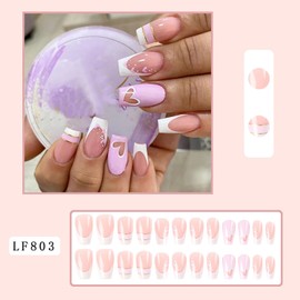 Purple Press on Nails Square Medium French Tips Press on Nails with Heart Designs Glossy Full Cover Reusable False Nails Artificial Glue on Fingernails Coffin Fake Nails Stick on Nails for Women