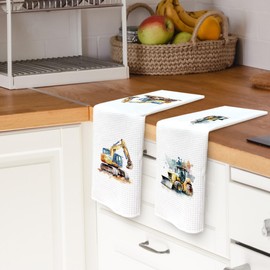 TAEDIN Construction Truck Kitchen Towels Kids Vehicle Car Dish Towel 16x24 Inches, Toddlers Boys Decorative Absorbent Dishcloths Tea Towels Set of 2 for Nursery Bathroom Decor