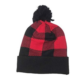 Red Black Buffalo Plaid Pom Tassel Beanie Stocking Cap Winter Fashion Style Checkered Pattern