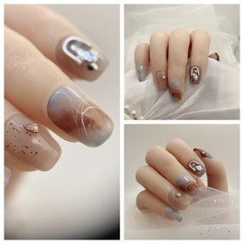 Kokowomite Nails Handmade Nail Tips, Short, Squoval, Blue, Brown, Silver, Nuance, Fashionable Korean ins, Short Nails, Popular Design, Storage Box Included, Pack of 10