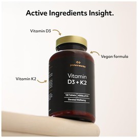 Vitamin D3 + K2, 4000 IU Vitamin D3, 100μg Vitamin K2, High Potency Vitamin Supplement, Supports Bone Health & Immune System Function, Vegetarian, 180 Tablets (6 Month Supply) - Protein Works