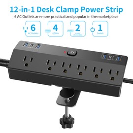 Desk Clamp Power Strip with 40W Fast Charging Station, JXGUCAT Removable Desk Clamp Mount Power Strip Surge Protector, 2 USB-C Ports, 6 AC Outlets and 10ft Cord, Fits 1.8" Tabletop Edge