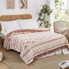 CASAAGUSTO Queen Boho Blanket, Terrcotta Aztec Blankets with Tassel - Printed Flannel Cozy Soft Western Blanket for Chair, Bed, Sofa, Chair (90 * 90 Inches)