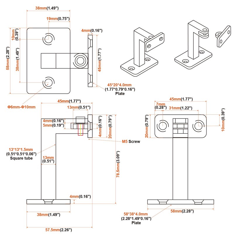 RealPlus Swivel Handrail Brackets Heavy Duty Adjustable Square Hand Rail