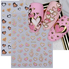 Valentine's Day Nail Art Stickers Decals Love Heart Nail Stickers 6PCS Golden Edge Love Heart Pattern Design 3D Self-Adhesive Nail Decals Nail Art Supplies for Women Valentine DIY Nail Art Decorations