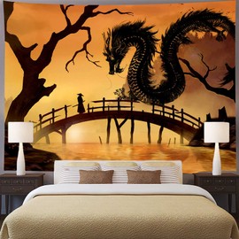 Aidatain Japanese Dragon Tapestry Anime Samurai Tapestry Japanese Style Wall Hanging Ink Landscape Backdrop Flannel Fabric 80"x60" for Living Bedroom Dinning Room College Dorm GTZYAT035