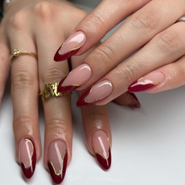 KQueenest Red French Tip Press on Nails Almond with 3D Chrome Gold Lines, Natural Nude Fake Nails Press ons Medium Stiletto, Embossed Design Full Cover Soft Gel Glue on Nails for Women, 24 Pcs