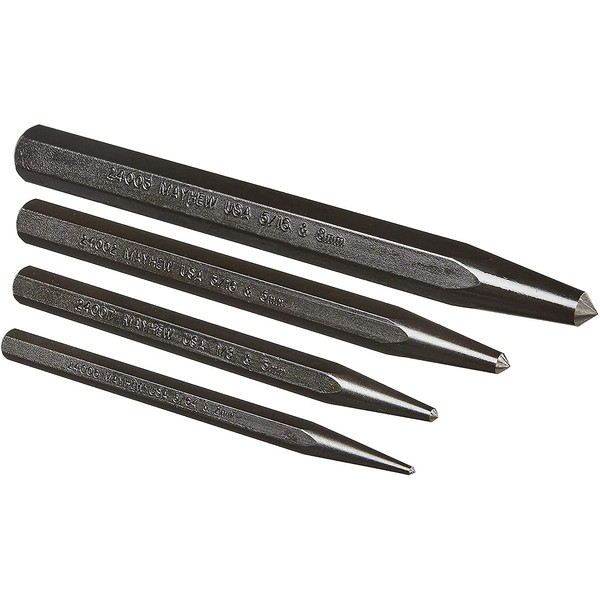 Mayhew Tools 62215 Center Punch, 4-Piece Set, Black Oxide Finish