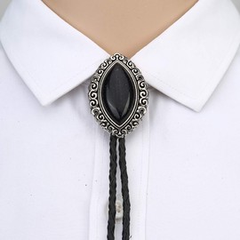 Joxevyia Vintage Stone Bolo Tie for Men Handmade Cowboy Black Agate Bolo Ties Cowhide Rope Buckle Clasp Necktie for Women