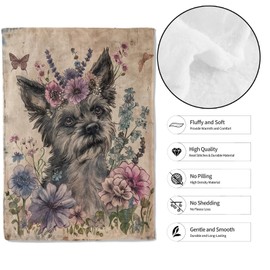 MIEPOS Floral Dog Throw Blanket, 50x60in, Soft, Lightweight Flannel, Vintage Style Pup Py with Flower Crown and Butterfly Blankets, Gifts for Pet Owners, for Farmhouse Home Living Room Decor