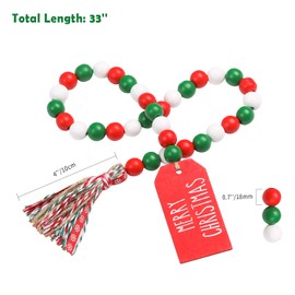 Christmas Wood Bead Garland with Tassels, Rustic Farmhouse Tiered Tray Holiday Decorations, Red and White Wooden Bead with Jute Rope Plaid Tassel, Country Xmas Home Decor (Xmas Red & Green & White)