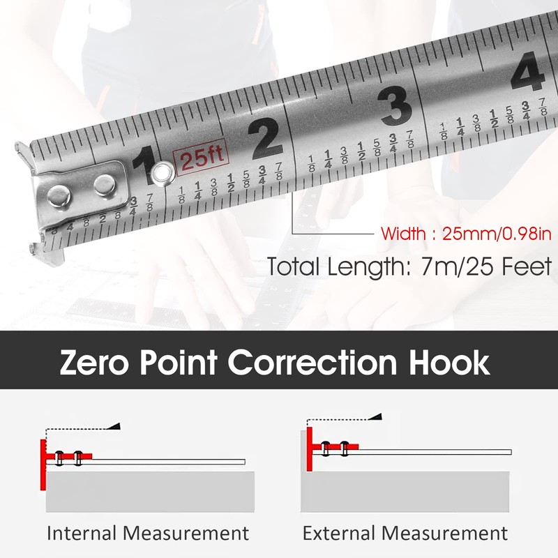7.5M/25FT Stainless Steel Retractable Tape Measure with Double-Sided Scale, Manual