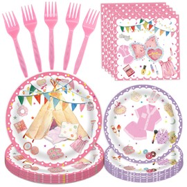 96 Pcs Slumber Party Decorations Pack for Girls, Sleepover Pajama Birthday Party Supplies Includes Slumber Plates, Slumber Napkins, Forks for Girls Sleepover Themed Party Supplies, Serve 24