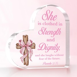 Inspirational Pink Room Decor, Pink Bow Dorm Room Decor for Women, Christian Bible Verse Decoration, Christian Birthday Gifts for Women, Acrylic Heart Decoration Sign for Home Office Bedroom