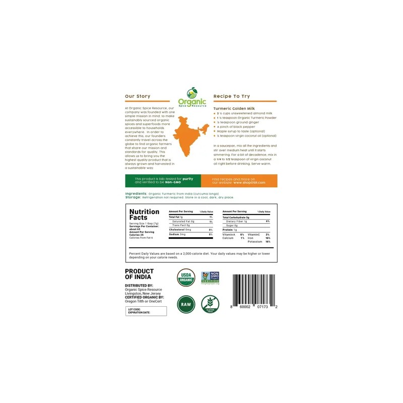 Organic Spice Resource Cúrcuma Orgánica En Polvo 454 G