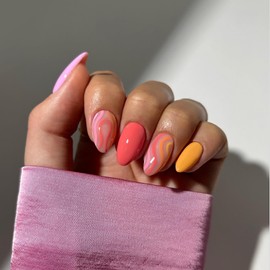 MERVF Press on Nails Medium Almond Fake Nails Pink Orange Glue on Nails Swirls Lines Press ons Stiletto Solid Color Acrylic False Nails with Design Glossy 24pcs